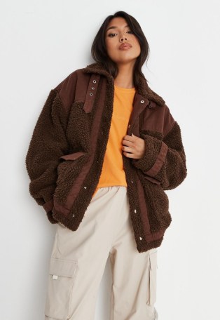 MISSGUIDED chocolate borg teddy denim mix jacket ~ womens brown textured faux fur jackets ~ women’s casual outerwear - flipped