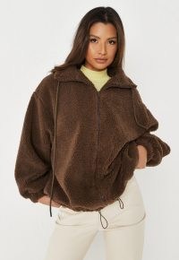 MISSGUIDED chocolate borg teddy high neck zip through coat ~ womens casual dark brown textured fleece style coats