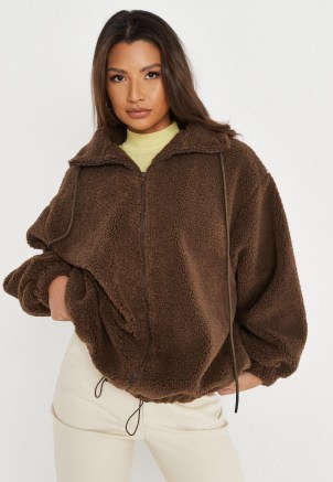 MISSGUIDED chocolate borg teddy high neck zip through coat ~ womens casual dark brown textured fleece style coats - flipped