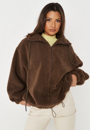 MISSGUIDED chocolate borg teddy high neck zip through coat ~ womens casual dark brown textured fleece style coats