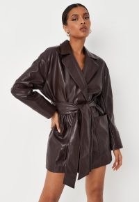 MISSGUIDED chocolate faux leather double breasted blazer dress ~ brown tie waist jacket style dresses ~ on-trend fashion