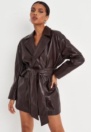 MISSGUIDED chocolate faux leather double breasted blazer dress ~ brown tie waist jacket style dresses ~ on-trend fashion - flipped