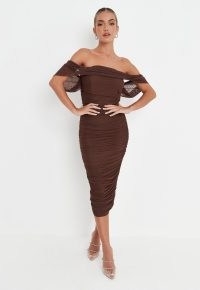 MISSGUIDED chocolate mesh ruched bardot midi dress ~ dark brown off the shoulder party dresses