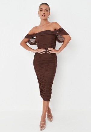 MISSGUIDED chocolate mesh ruched bardot midi dress ~ dark brown off the shoulder party dresses - flipped