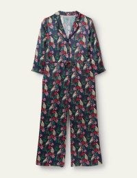 BODEN Collar Detail Cropped Jumpsuit French Navy, Berry Bird / navy satin style jumpsuits / birds printed on fashion