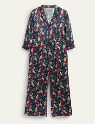 BODEN Collar Detail Cropped Jumpsuit French Navy, Berry Bird / navy satin style jumpsuits / birds printed on fashion - flipped
