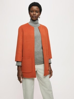 JIGSAW Collarless Double Face Coat in Orange / womens minimalist fashion – women’s short length open front coats - flipped