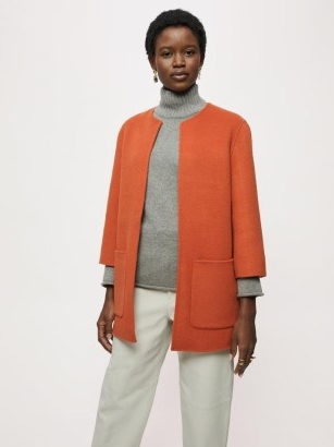 JIGSAW Collarless Double Face Coat in Orange / womens minimalist fashion – women’s short length open front coats