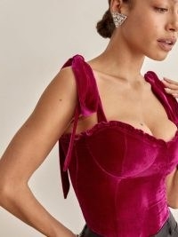 REFORMATION Colomba Velvet Top in Rhubarb – fitted bust cup tops – bustier style fashion