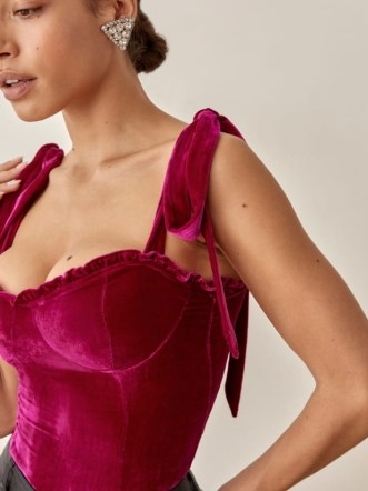 REFORMATION Colomba Velvet Top in Rhubarb – fitted bust cup tops – bustier style fashion - flipped