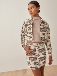 Reformation Cora Shrunken Denim Jacket in Desert Sand | womens printed cropped jackets