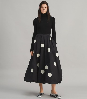 Tory Burch COTTON POPLIN BUBBLE SKIRT Black / voluminous circle skirts / womens spot print designer fashion / large polka dot prints - flipped