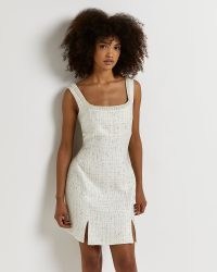 River Island CREAM BOUCLE PEARL TRIM MINI DRESS – sleeveless textured fabric party dresses – embellished tweed style evening fashion