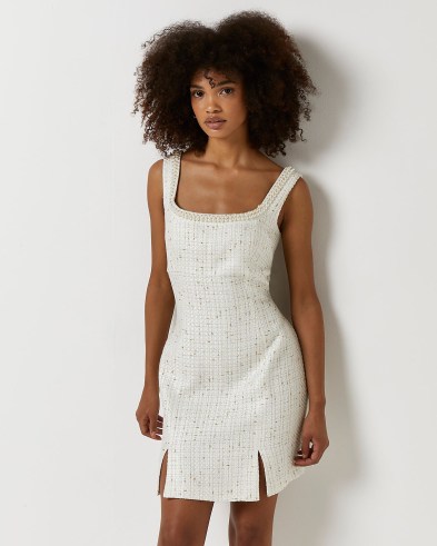 River Island CREAM BOUCLE PEARL TRIM MINI DRESS – sleeveless textured fabric party dresses – embellished tweed style evening fashion - flipped