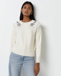 River Island CREAM EMBELLISHED OVERSIZED COLLAR JUMPER | on-trend ruffle collar jumpers