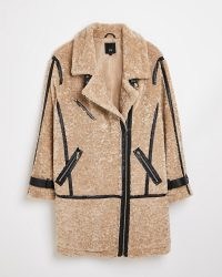 RIVER ISLAND CREAM SHEARLING AVIATOR COAT / on-trend faux fur coats / textured zip detail winter outerwear