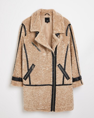 RIVER ISLAND CREAM SHEARLING AVIATOR COAT / on-trend faux fur coats / textured zip detail winter outerwear
