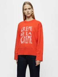 JIGSAW Creme De La Creme Jumper in Orange / womens drop shoulder jumpers / women’s vibrant crew neck sweaters / slogan knitwear