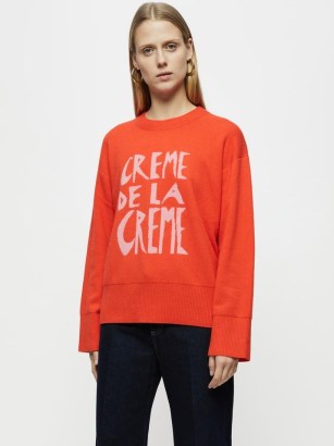 JIGSAW Creme De La Creme Jumper in Orange / womens drop shoulder jumpers / women’s vibrant crew neck sweaters / slogan knitwear