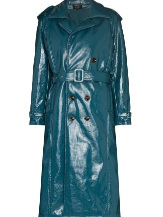 De La Vali Brando double-breasted blue faux-leather coat – womens trench coats - flipped