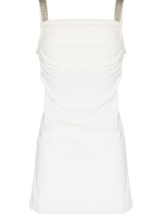 De La Vali Mojio Diamante draped minidress ~ white embellished shoulder strap mini dress ~ sleeveless cowl neck party dresses
