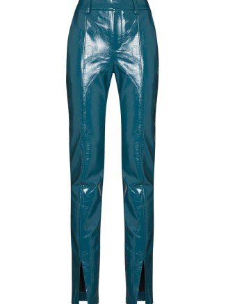 De La Vali The Blues front-slit faux-leather trousers – womens blue high-shine split hem trousers - flipped