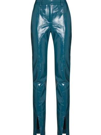 De La Vali The Blues front-slit faux-leather trousers – womens blue high-shine split hem trousers
