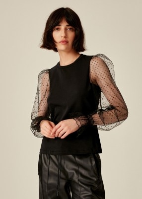 Me and Em Dotted Tulle Sleeve Top in Black / romantic sheer balloon sleeved tops / romance inspired fashion - flipped