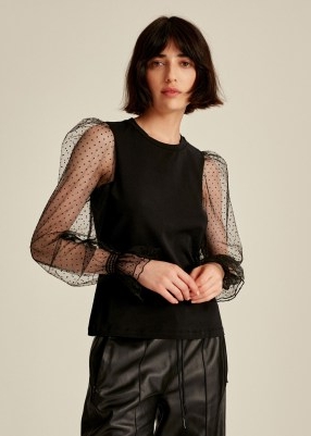 Me and Em Dotted Tulle Sleeve Top in Black / romantic sheer balloon sleeved tops / romance inspired fashion