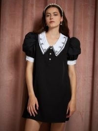 sister jane THE PEARL SPIN Polina Collar Mini Dress Black and White – puff sleeve dresses with oversized collars