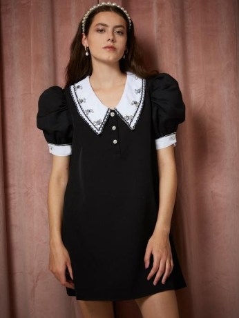 sister jane THE PEARL SPIN Polina Collar Mini Dress Black and White – puff sleeve dresses with oversized collars - flipped