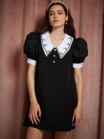 sister jane THE PEARL SPIN Polina Collar Mini Dress Black and White – puff sleeve dresses with oversized collars