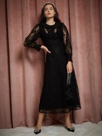 sister jane THE PEARL SPIN Flutz Lace Midi Dress in Black – semi sheer floral lace dresses