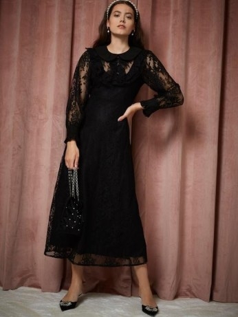 sister jane THE PEARL SPIN Flutz Lace Midi Dress in Black – semi sheer floral lace dresses - flipped