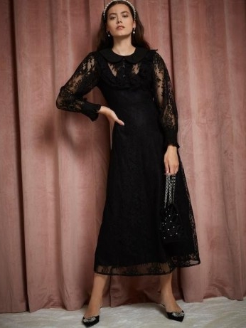 sister jane THE PEARL SPIN Flutz Lace Midi Dress in Black – semi sheer floral lace dresses