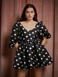 sister jane THE PEARL SPIN Show Time Mini Dress Black and Silver – polka dot prints – puff sleeve flared hem party dresses