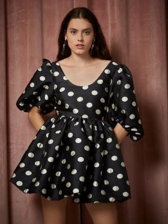 sister jane THE PEARL SPIN Show Time Mini Dress Black and Silver – polka dot prints – puff sleeve flared hem party dresses - flipped