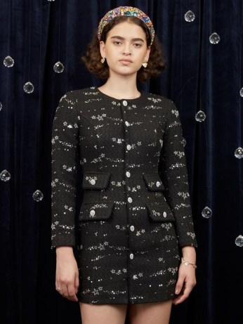 sister jane WRITTEN IN THE STARS DREAM Comet Tweed Mini Dress in Black – sequin embellished stars – sequinned celestial inspired fashion – womens on-trend textured winter dresses - flipped