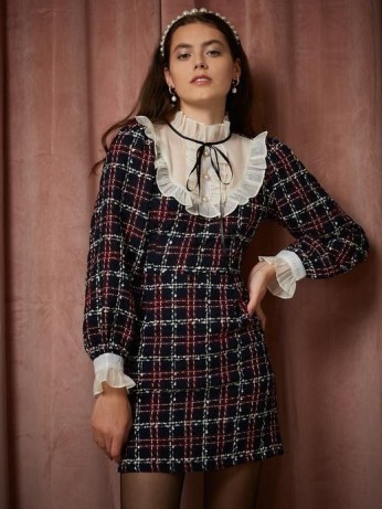 sister jane THE PEARL SPIN Peggy Tweed Mini Dress Red Navy Ivory ~ checked textured fabric dresses ~ romantic high ruffle organza necklines ~ Gossip Girl style fashion