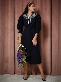 sister jane Perfectionist Embroidered Collar Dress in Navy – dark blue puff sleeve vintage style dresses – THE PEARL SPIN collection – oversized floral collars