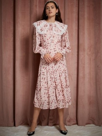 sister jane Floral Figures Midi Dress Rose Shadow – pink oversized collar dresses – vintage style fashion