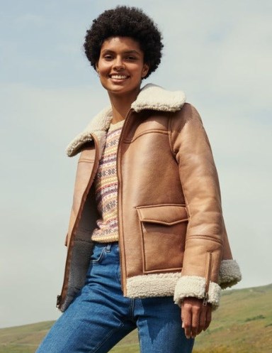 BODEN Dunmore Faux Shearling Jacket Fudge / light brown faux suede borg lined jackets / womens casual on-trend outerwear - flipped