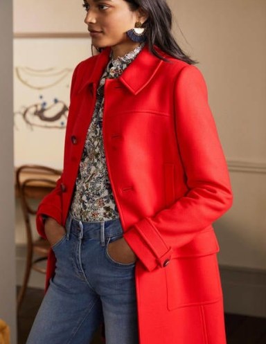 Boden Durham Wool Blend Coat in Poppadew – bright red above the knee coats – women’s stylish outerwear - flipped