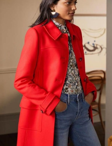Boden Durham Wool Blend Coat in Poppadew – bright red above the knee coats – women’s stylish outerwear