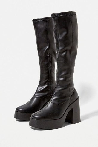 UO Bianca Knee High Stretch Boots ~ black retro platform boots ~ womens 70s style vintage platforms