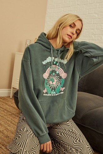 UO Cosmic Vibes Hoodie in Khaki ~ womens green graphic and slogan print pullover hoodies ~ women’s on-trend oversized hooded tops - flipped