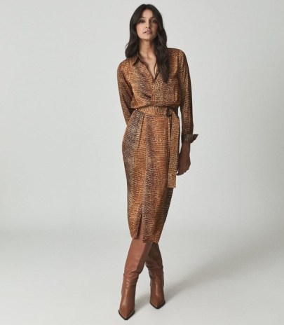 REISS EMILE CROC PRINT MIDI DRESS BRONZE / belted wrap style brown tone dresses / crocodile prints on women’s fashion - flipped