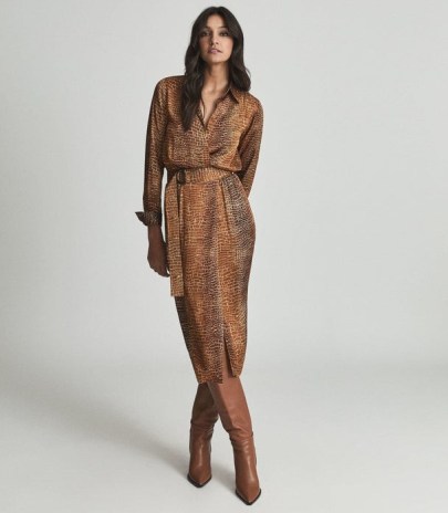 REISS EMILE CROC PRINT MIDI DRESS BRONZE / belted wrap style brown tone dresses / crocodile prints on women’s fashion