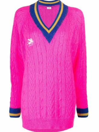 Chiara Ferragni pink V-neck sweater, ETRO embroidered-logo cable-knit jumper, on Instagram, 3 November 2021 | celebrity social media style | Italian fashion bloggers | designer knitwear - flipped