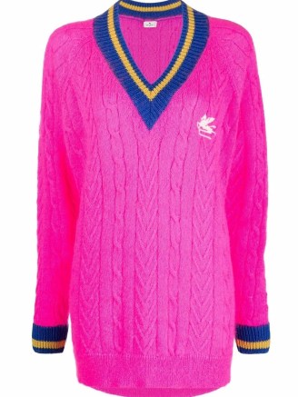 Chiara Ferragni pink V-neck sweater, ETRO embroidered-logo cable-knit jumper, on Instagram, 3 November 2021 | celebrity social media style | Italian fashion bloggers | designer knitwear